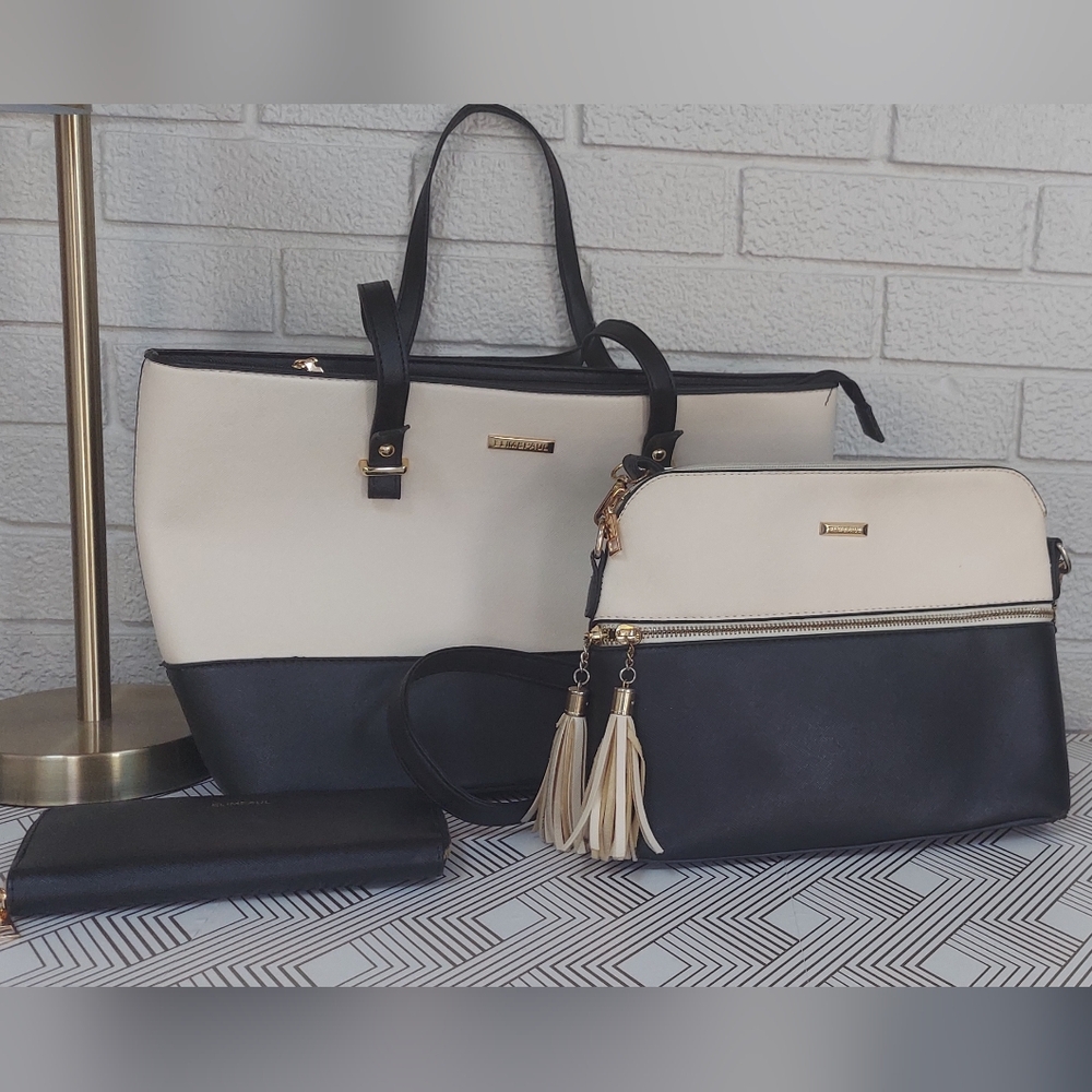 Elimpaul 3 Piece Black & Beige Purse Handbag Set